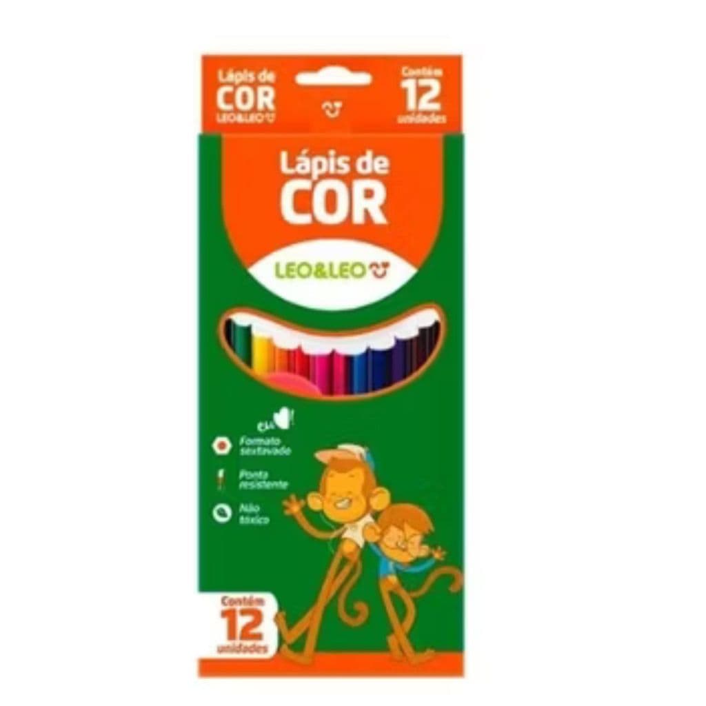 Lápis de Cor “Leo Leo” 12 Cores – Corpo Sextavado, Mina Suave e Estojo Compacto