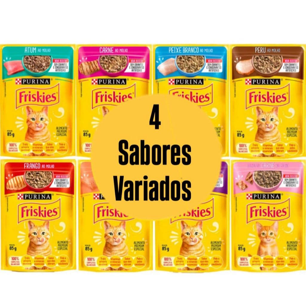 KIT 04 Sachês Friskies Gatos Adultos SABORES VARIADOS 85g cada - Alimento Úmido