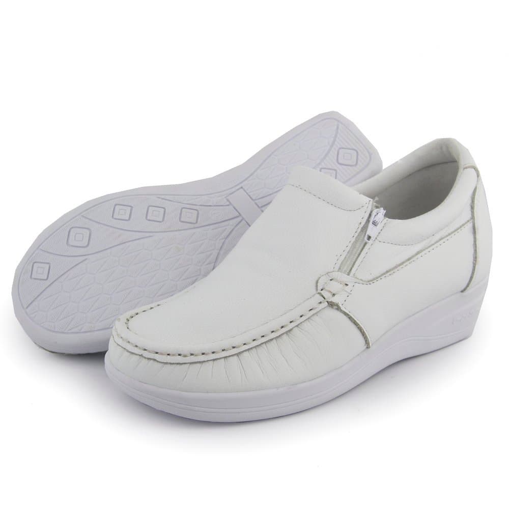 Sapato Mocassim Feminino Ortopédico Couro Branco e Preto | Super Confortável com Zíper