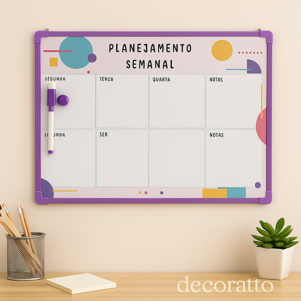 Quadro Planner Lousa Magnética de Anotações 30x40cm + Caneta + 2 Imãs -Planejamento Semanal Colorido