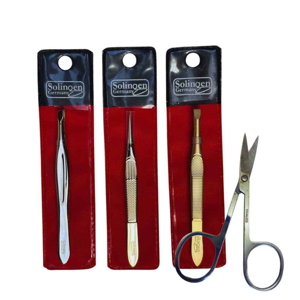 Kit 3 Pinças Solingen Profissional (Reta + Chanfrada + Ponta Agulha) + Tesourinha
