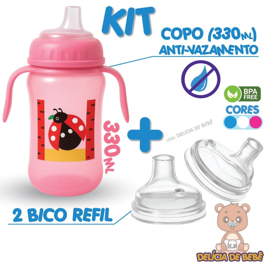 Copo 330ML + 2 Bico Refil (Copo infantil anti-vazamento para bebê +2 Bicos de reposição)Mamadeira