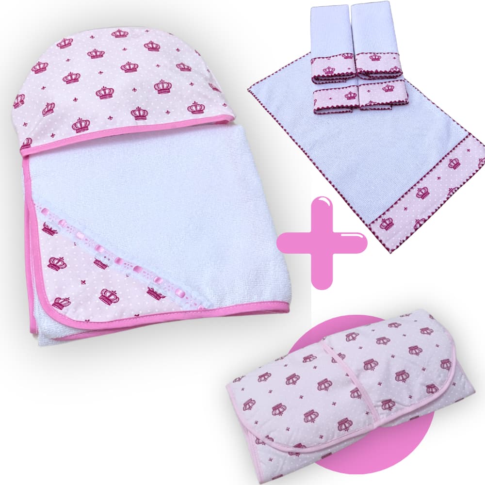 Toalha de Banho para Bebê Forrada + Trocador Portátil com Bolso + 5 Toalhinhas Higiênica Atoalhado