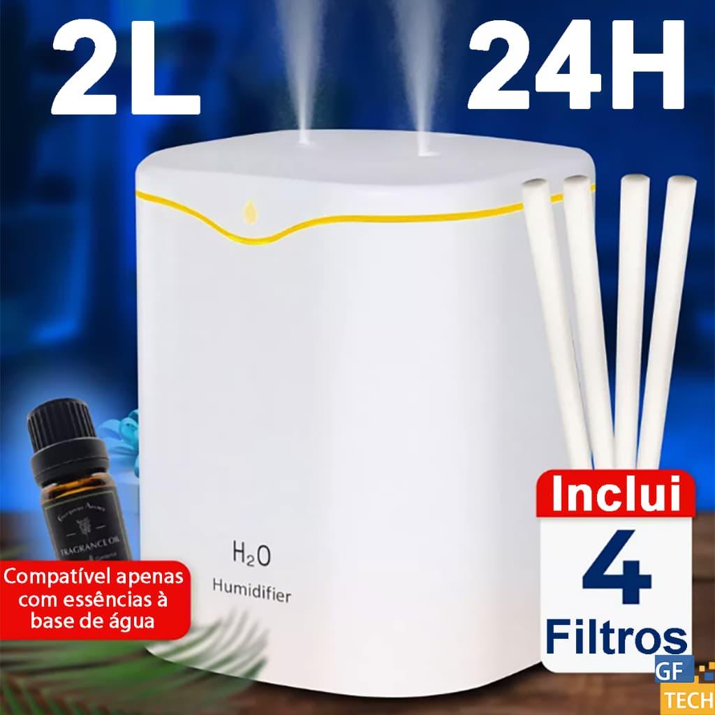Umidificador De Ar E Aromatizador Grande 2 L Com 2 Saídas De Ar 3 Em 1 Multifuncional Com LED