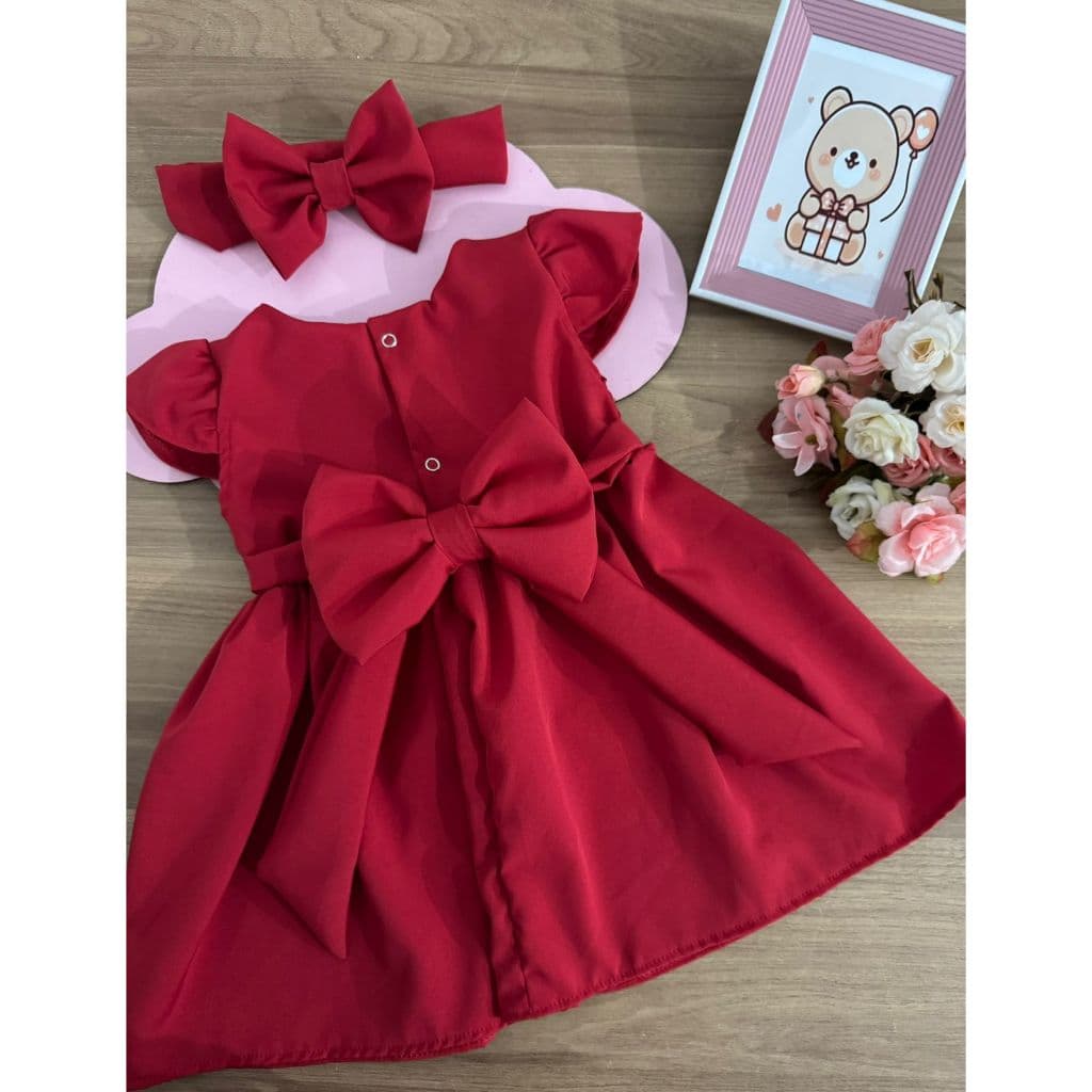 Vestido infantil Baby Gola Azul Vermelho Rosa Luxo aniversário Laço casual