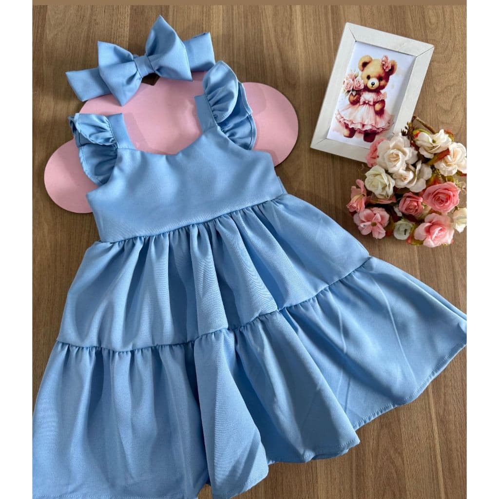 Vestido Infantil Criança cereja cerejinha Menina Festa Azul Claro Tiara Tons Pasteis Candy Color
