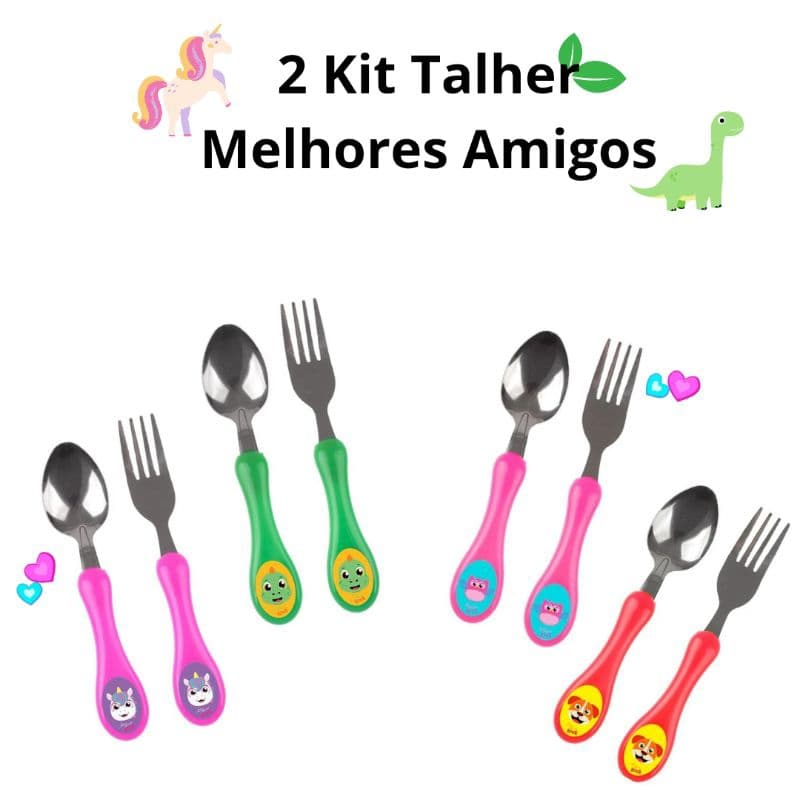 2 Kits De Talher Infantil Bebe com Colher E Garfo Animais Em Inox  Não Machuca