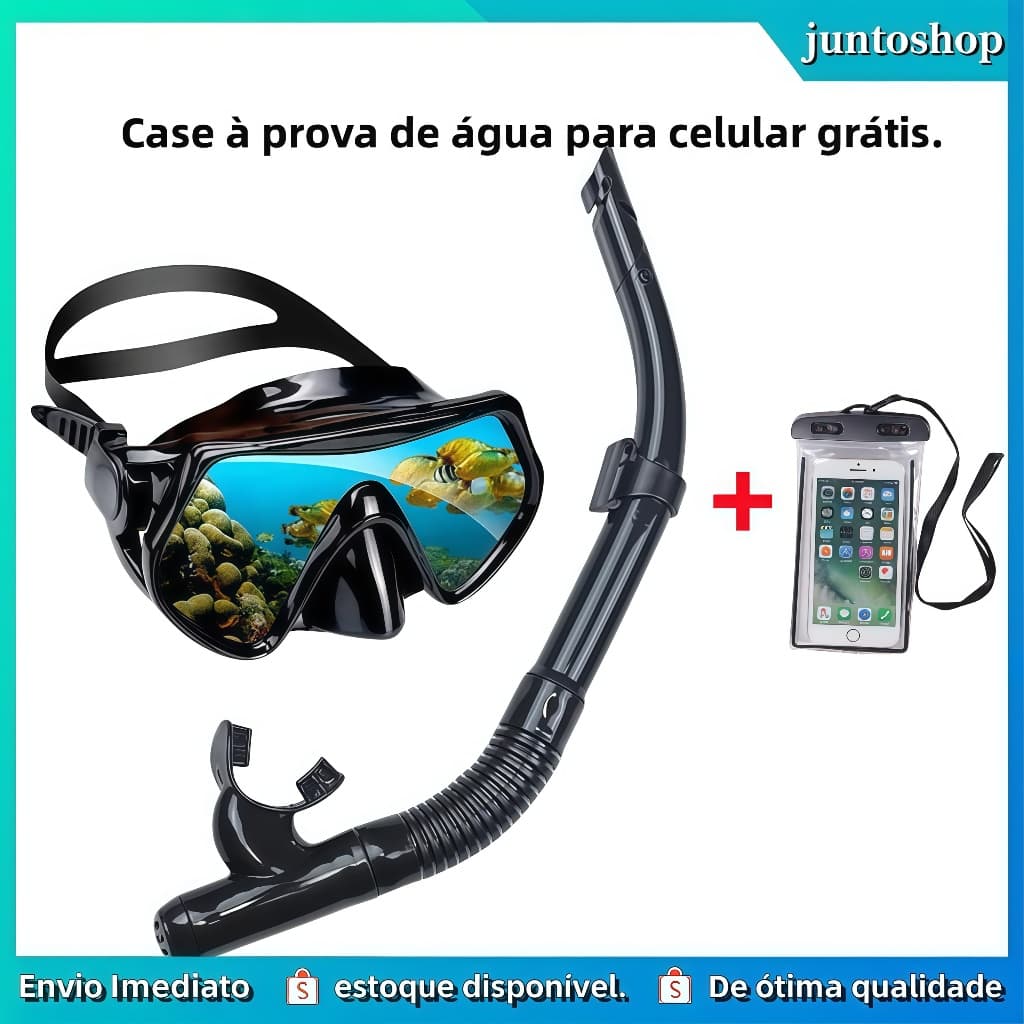 Kit Máscara Mergulho Snorkel Óculos Respirador Profissional Adulto Praia Piscina Ajustável Silicone+Celular case