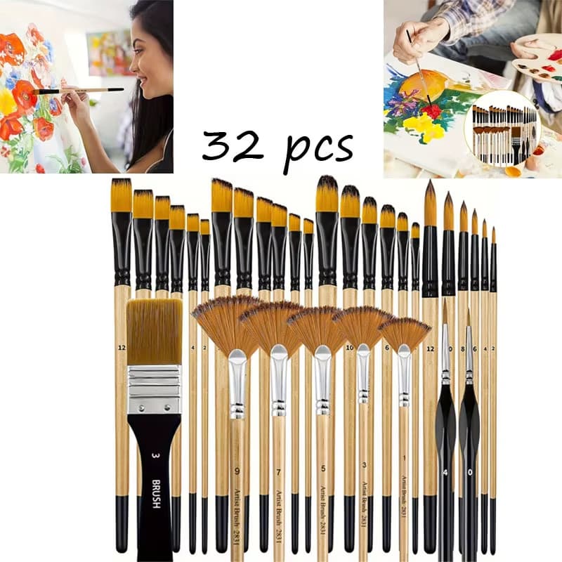 Kit 32 Peças Pincéis De Pintura Para Acrílica, Cerdas De Nylon Premium Com Redondo, Filbert, Plano, Ventilador