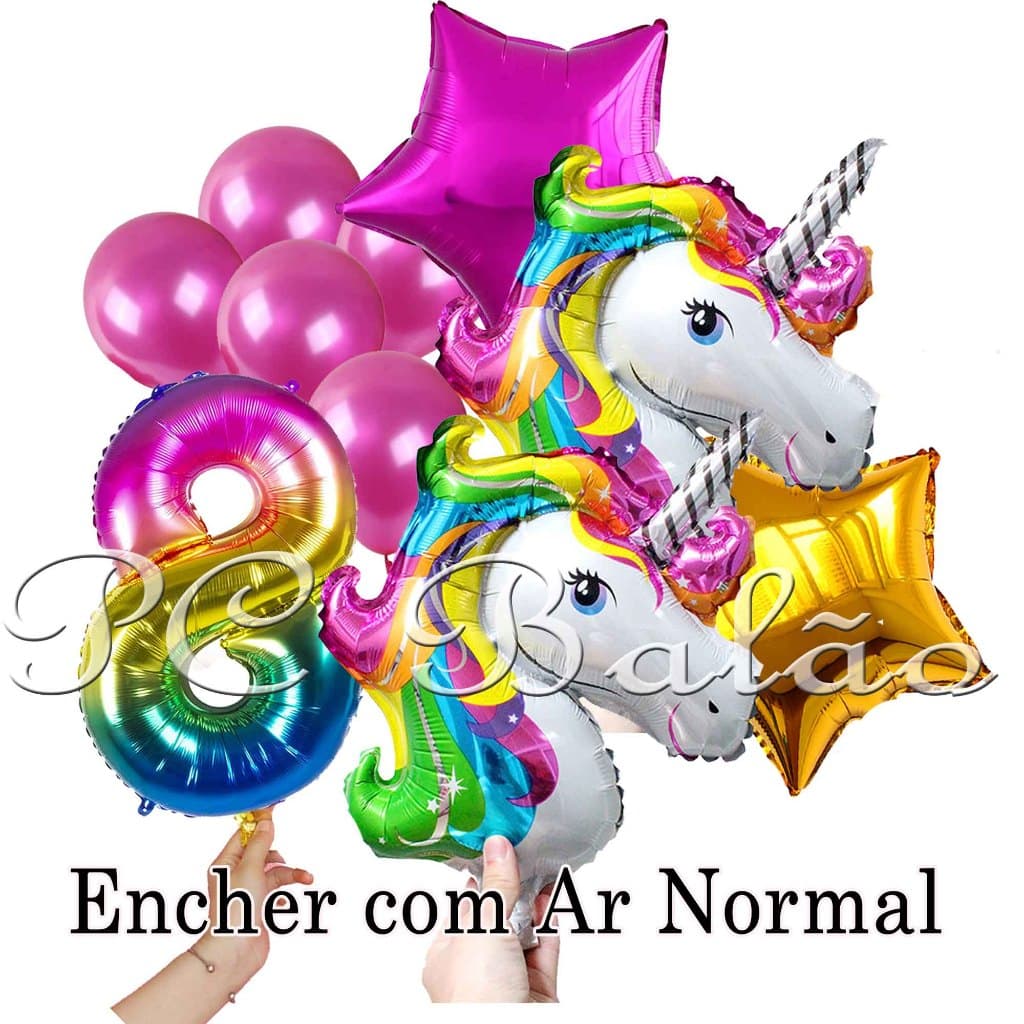 Kit 10 Balão Metalizado  N° 40CM COLORIDO + 2 UNICÓRNIO + 5 BEXIGA PINK 2 ESTRELA 22CM