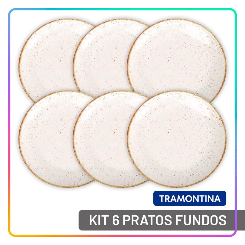 Jogo Pratos Fundos 22 cm Tramontina Rústico Porcelana 6 Peças