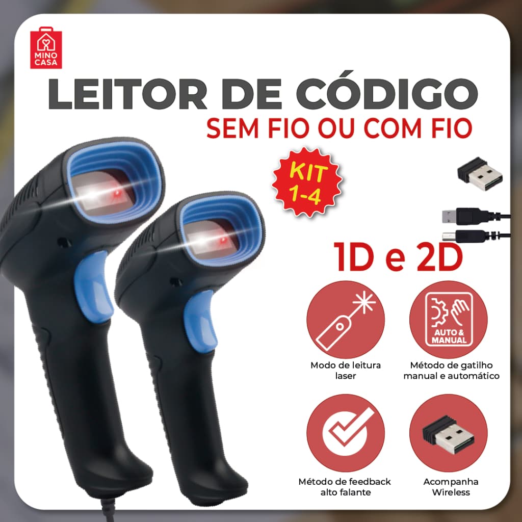 Leitor De Código De Barras Scanner Portátil Laser Com Fio ou Sem Fio USB1D/2D Leitor de Qr Code e Código de Barras