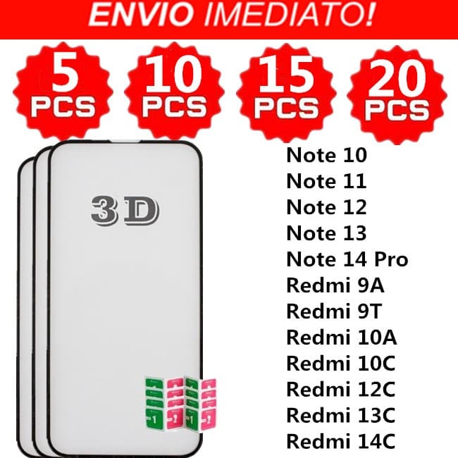 Kit 5/10/15/20 Peças Película Vidro Temperado 3D Espessura Max Redmi Note 10 11 12 13 14 Pro 9A 9T 10A 10C 12C 13C 14C