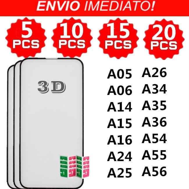 Kit 5/10/15/20 Peças Película Vidro Temperado 3D Espessura Max A05 A06 A14 A15 A16 A24 A25 A26 A34 A35 A36 A54 A55 A56