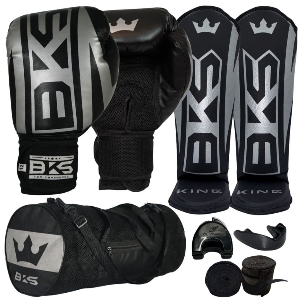 Luva De Boxe Muay Thai Kickboxing + Caneleiras + Bandagens + Bucal + Case + Bolsa BKS