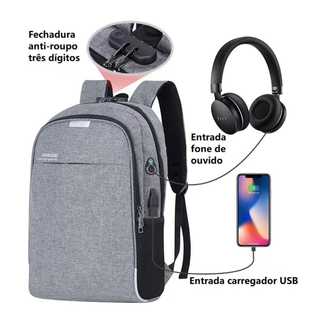 Mochila Notebook Anti Furto E Anti-roupo Com Cadeado E Entrada Fone De Ouvido E USB