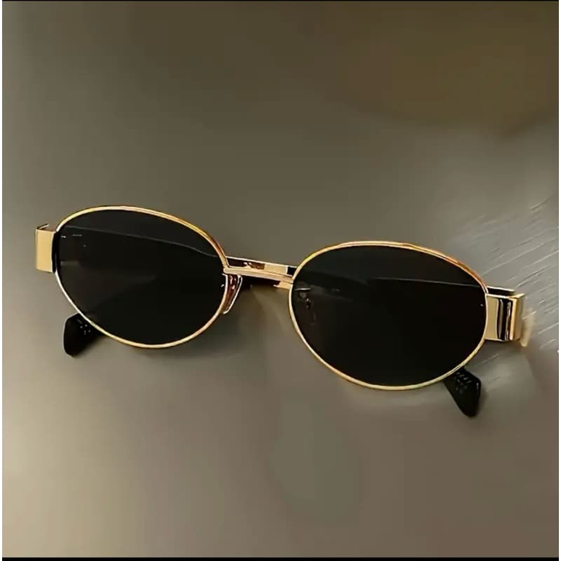 Óculos de Sol Unissex Oval Estilo Designer Metal Preto e Dourado Uv400 Elegante
