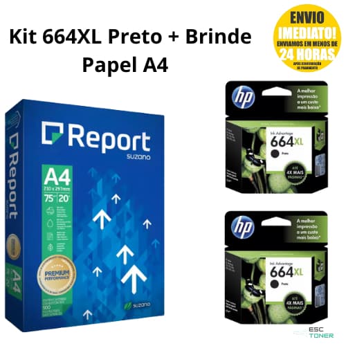 Kit Cartucho 664xl 2 Unidades Preto + Resma Papel A4 Sulfite  Report Folha Ofício Para Impressão com 500 Folhas