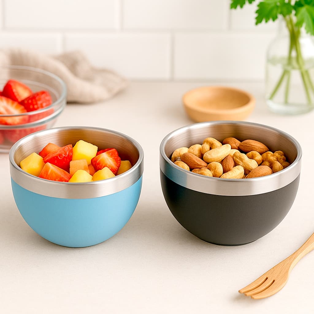 Kit 2 Bowls Aço Inox Coloridos – Tigelas Pequenas p/ Petiscos, Frutas e Cereais