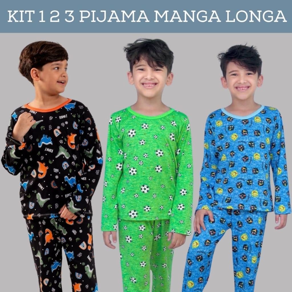 Kits C/1,2 Pijama Infantil Menino Manga Longa - Veste de 1 a 13 anos