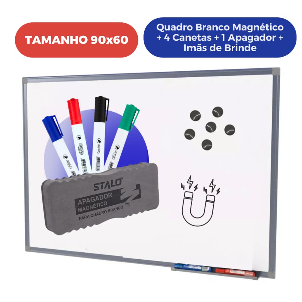 Quadro Branco 90x60cm Magnético Moldura Alumínio Lousa Branca + 4 Canetas + 1 Apagador + Imãs