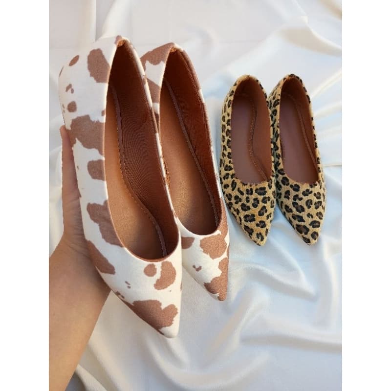 PROMOÇÃO!!! Sapatilha feminina bico alongado onça, vaquinha marrom croco confortavel luxo casual tendencia