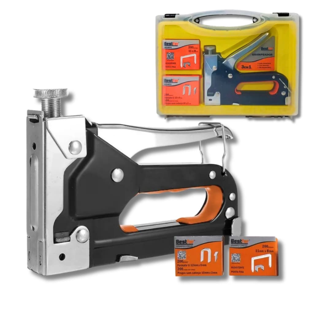 Grampeador Tapeceiro Alta Pressão Pra Madeira Estofado Manual Maleta Profissional Kit 3 em 1 Bestfer