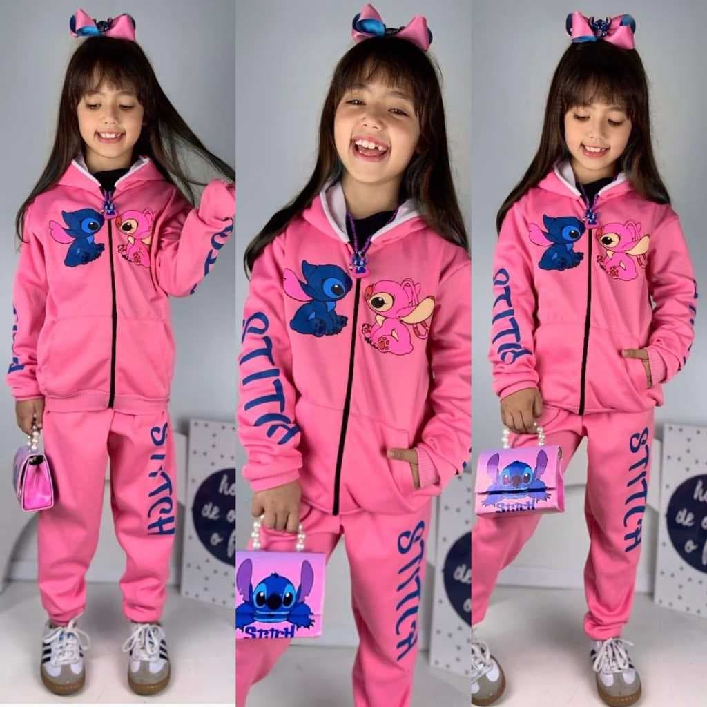Conjunto Infantil Juvenil Menina Moletom Stitch Abrigo Inverno Quentinho Rosa Chiclete