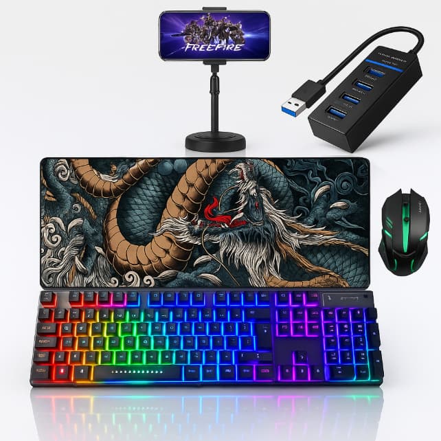 Kit Mobilador Fire Gamer Android Free Teclado Mouse Suporte Celular Jogos Hub 4 Portas Mouse Pad
