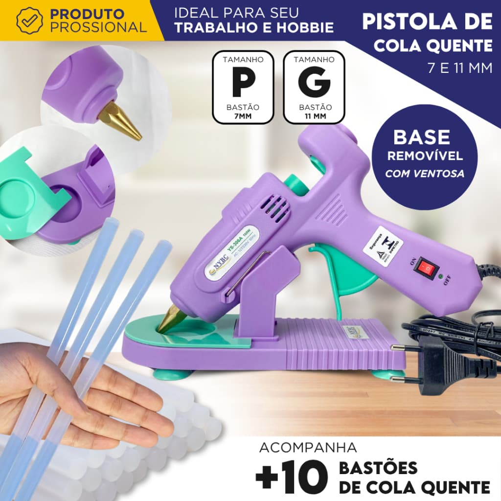 Pistola de Cola Quente Profissional C/10 Bastões de Cola Quente 7/11mm com Botão Liga/Desliga - Nybc