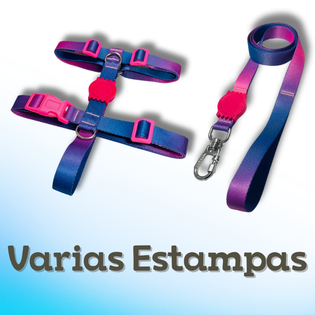 Kit Coleira Peitoral H Anti Puxão e Guia 1,10m para Cachorro Varias Estampas