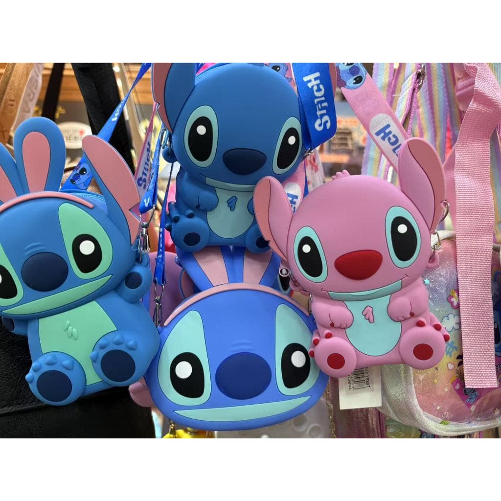 Bolsinha Infantil Stitch e Angel Silicone Alça Regulável Porta Moedas