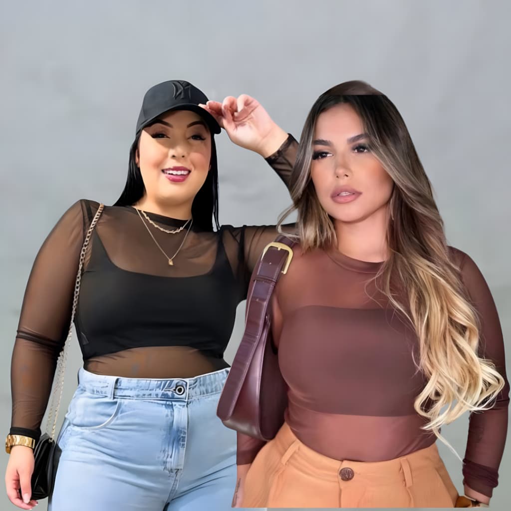 Kit C/ 2 Body Feminino Manga Longa De Tule Festa Balada Plus Size