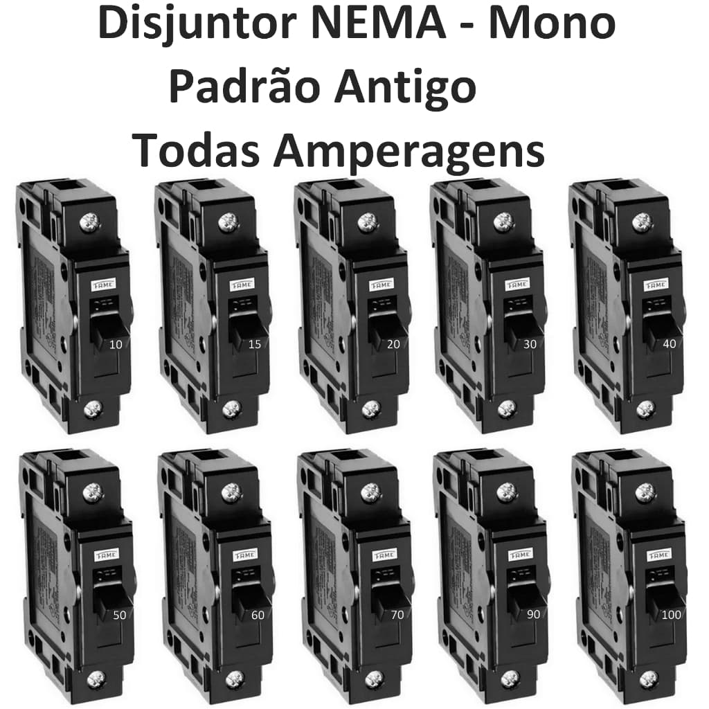 Disjuntor Nema Mono 10a, 15a, 20a, 25a, 30a, 35a, 40a, 50a, 60a, 70a, 90a, 100a Preto