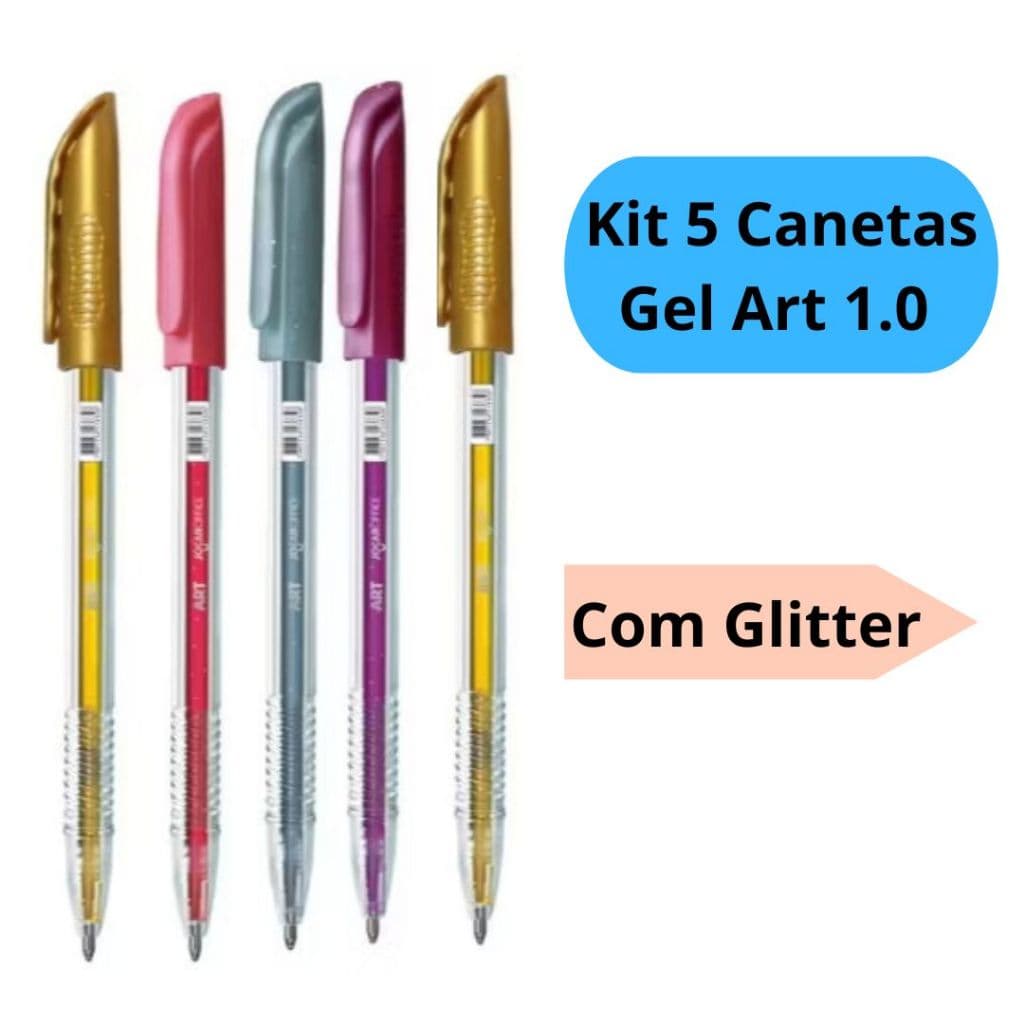 Caneta Gel Art 1.0 Glitter Kit com 5 Unidades Cores Variadas e Vibrantes Escolar Infantil Jocar Office