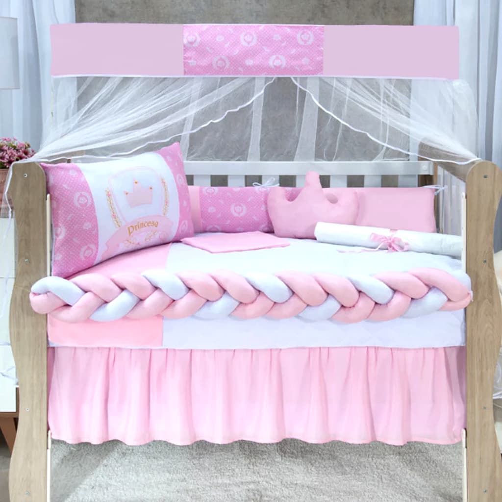 Kit Berço Americano 11 Peças C/ Trança Mosquiteiro Trocador Nuvem Unissex C/ Enchimento