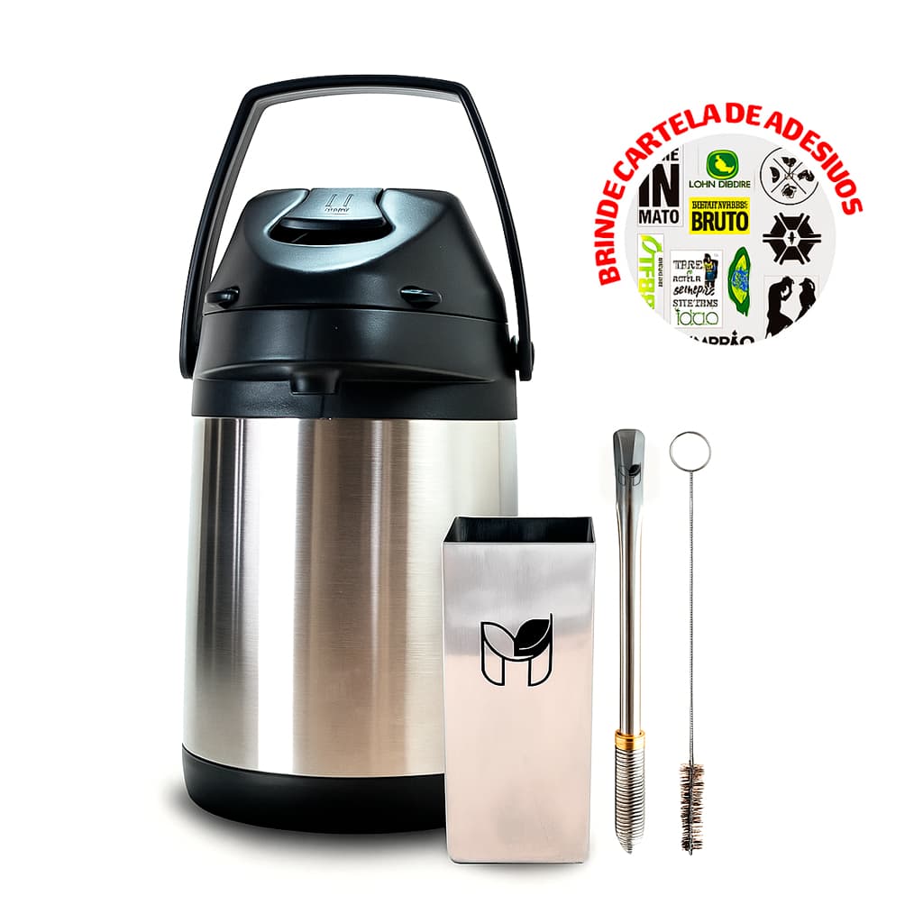 Kit Terere Garrafa Térmica 2,5L Copo Quadrado Inox e Bomba Mola Conica