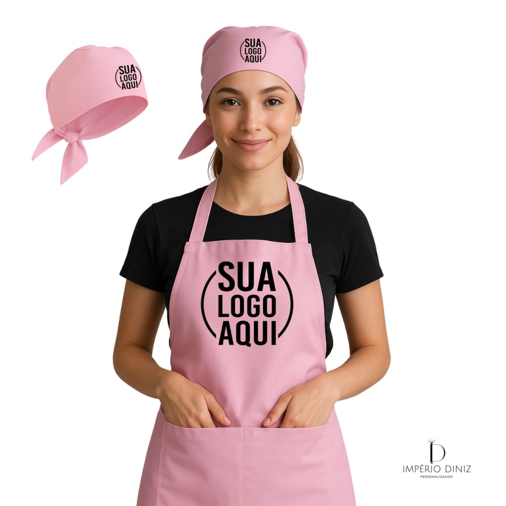 kit Avental +Touca Frente Unica Jaleco Rosa bebe Com Sua Logo