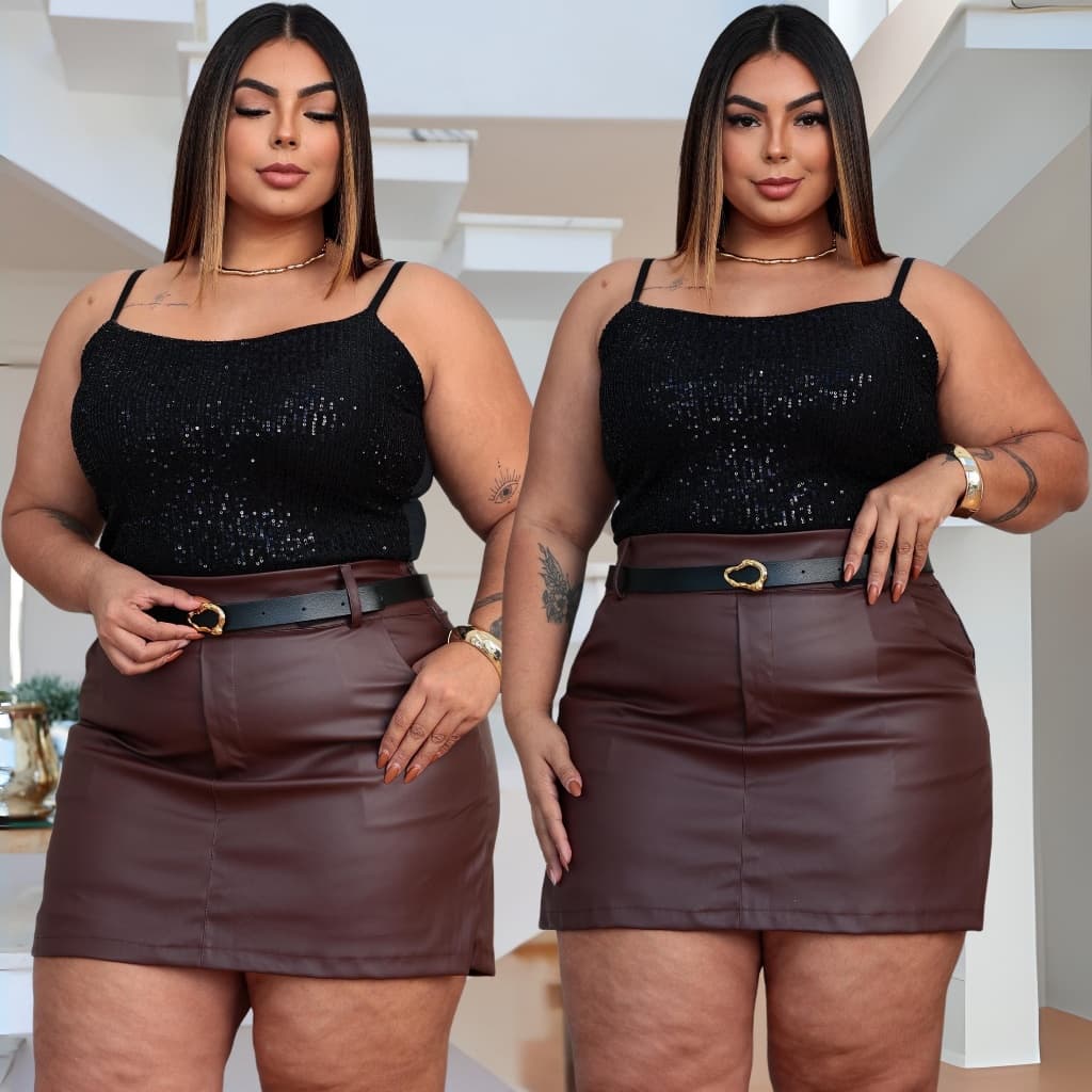 Short Saia Plus Size Couro Marron cafe Com Cinto Casual Saia 360