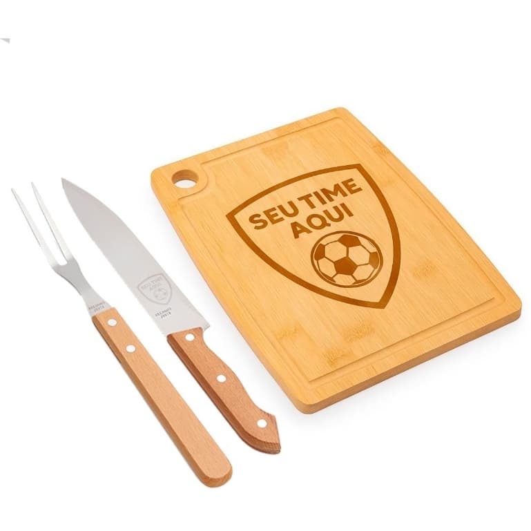 Kit Tábua e Faca de Churrasco Personalizada Time de Futebol  Presente Torcedor  Escudo Gravado a Laser| Bambu