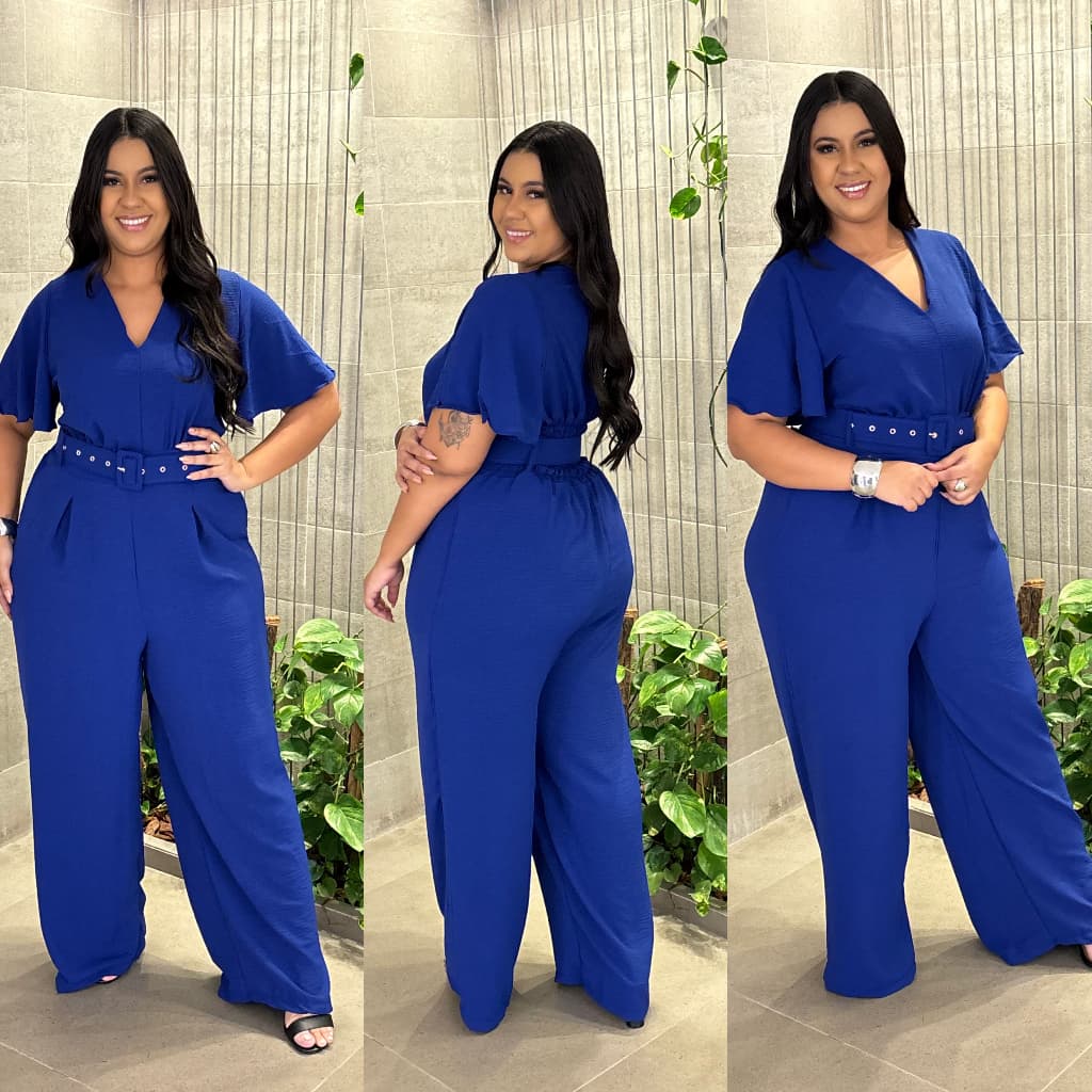 Macacão Feminino com Manga e Gola V - Duna Plus Size