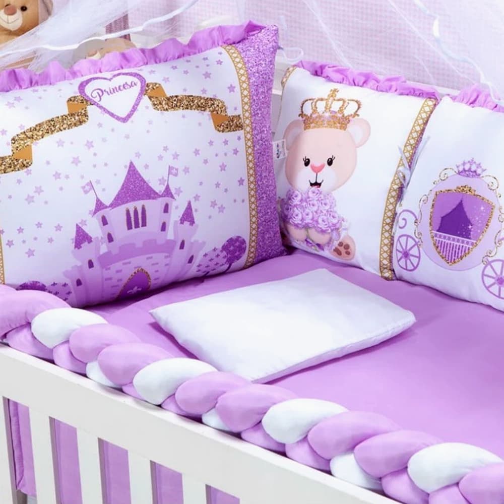 Kit Berço Americano 12 Peças Unissex C/ Mosquiteiro Trança Algodão Enxoval Bebê Completo