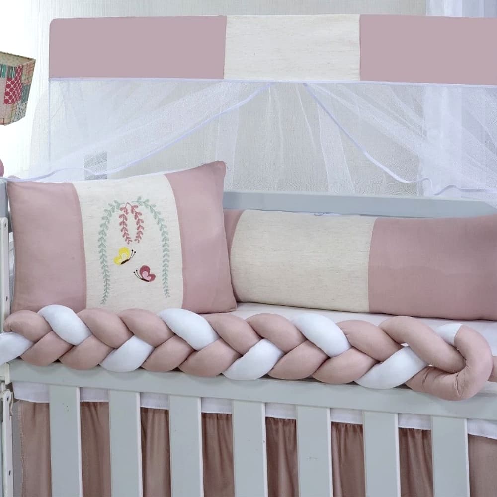 Kit Mini Berço Trança 6 Peças Com Mosquiteiro Recém-Nascido Estampas Fofas Aconchegante