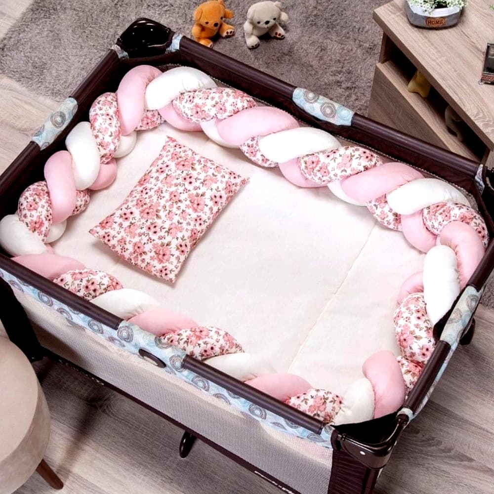 Kit Berço Desmontável 5 Peças Menina e Menino C/ Trança Enxoval Chiqueirinho Confortável