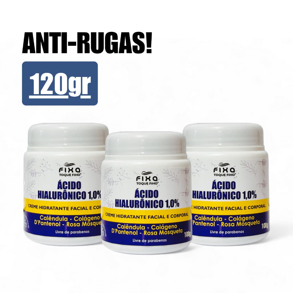 Creme Facial com Ácido Hialurônico 1% 120g – Anti-idade, Colágeno, Rosa Mosqueta, D'Pantenol