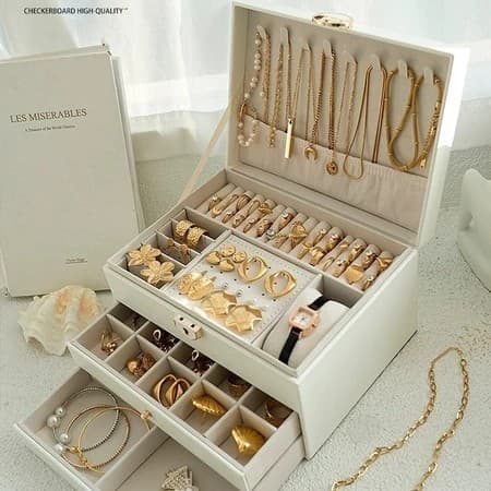 Porta Joia Caixa Organizadora De Jóias Feminina Em Couro Com Duas Camadas/Anéis/Colar Fecho-Q19