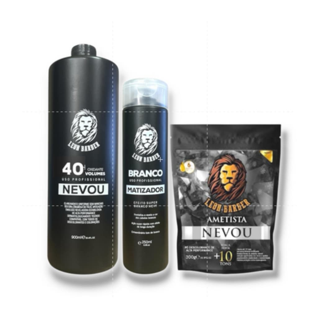 Kit Pó Descolorante Ametista 300g + Matizador Branco 250ml + Água Oxigenada 900ml (40 Volumes) – Leon Barber