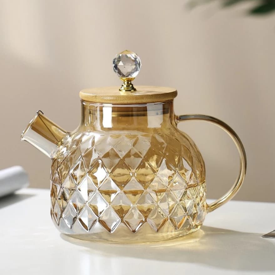 Chaleira De Vidro Bule que vai ao fogo 1 Litro Com Tampa de Bambu Cristal