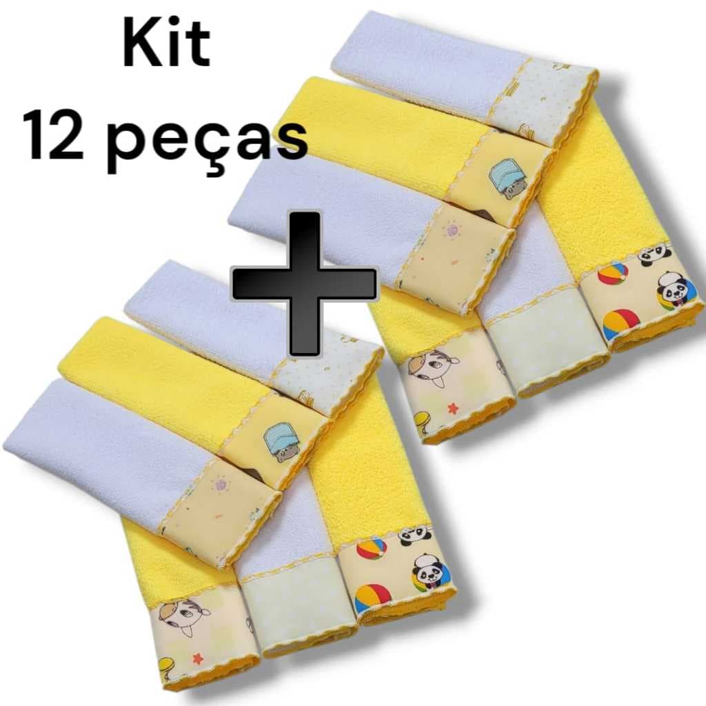 Kit Toalha Ombro ou Boca Babete 12Unidades Overlocado e Tecido Estampas Variadas Toalhas Coloridas Macia