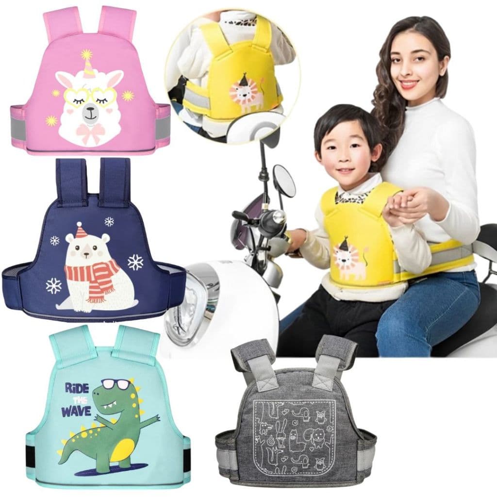 Colete Cinto Segurança Infantil Moto Elétrica Criança Bike Canguru Garupa Desenho Colorido Ajustável Proteção Estampado